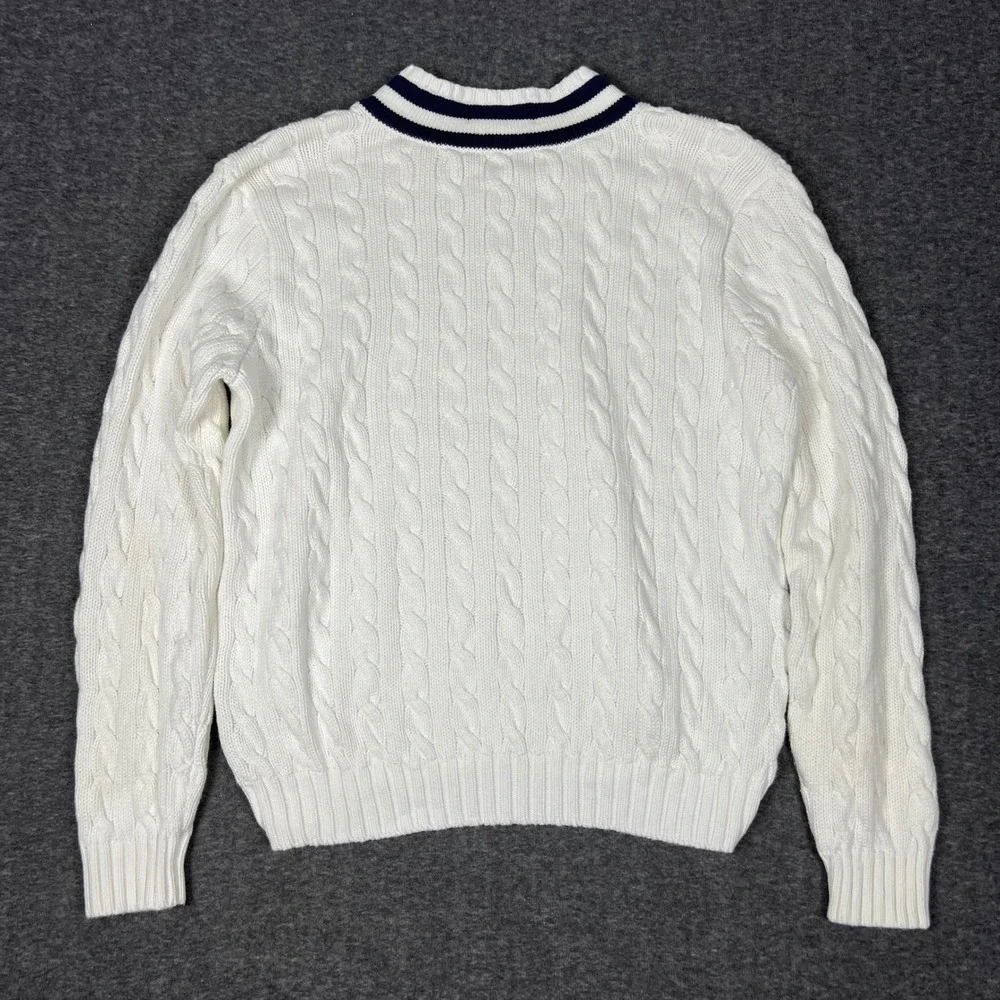 Vintage Polo Ralph Lauren Cable Knit Sweater Men's L White V-Neck Cricket Preppy